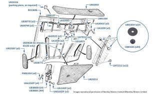 Bonnet/Hood, Hinges & Insulation, 4-door cars, chassis numbers 01001-16970